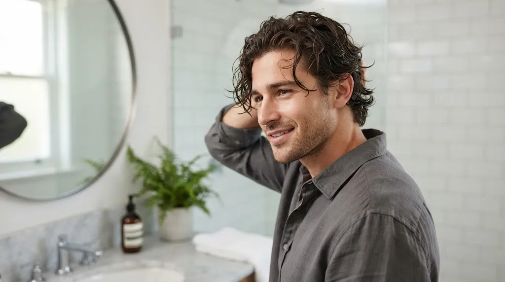A man preparing his wavy hair for styling while it is damp, highlighting the healthy texture and natural S-curves.