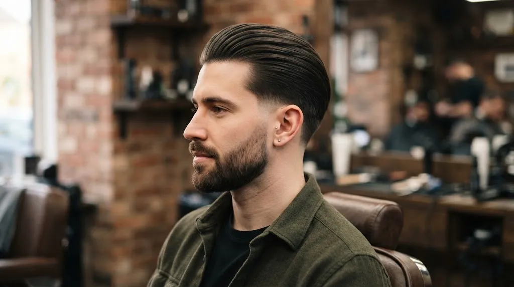 A man with a sleek, high-quality all-back hairstyle styled neatly without a parting.