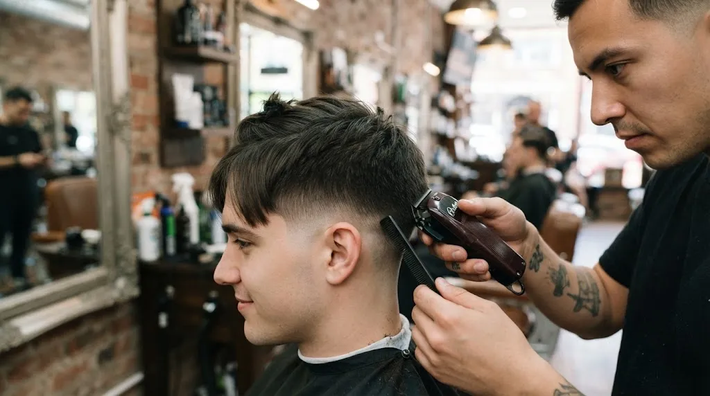 A professional barber using clippers and a comb to carefully blend the hair on the side and back of a male client's head, creating a smooth transition in a barbershop setting.