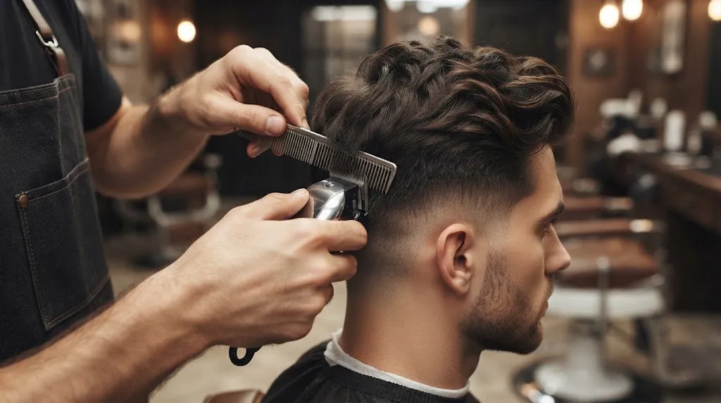 A close-up view of a barber's hands using clippers and a comb to precisely connect and blend a longer, textured haircut on the crown with the shorter, faded sides of a male client in a barbershop.
