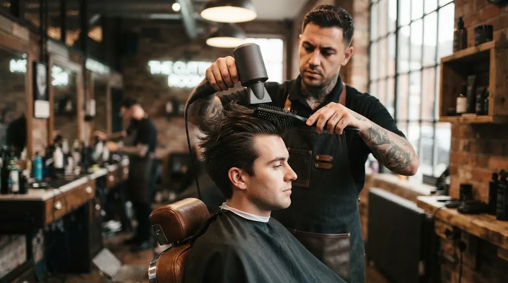 A barber blow-drying a man's hair backward using a vent brush and concentrator nozzle in a professional barbershop.
