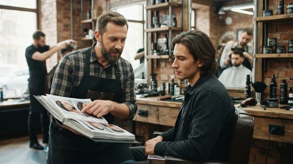 A professional barber consulting a client with a long face shape on a customized hairstyle to avoid generic cuts.