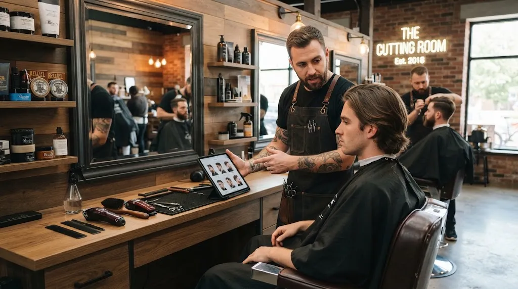 A professional barber discussing haircut guard numbers and styling options with a client in a modern barbershop.