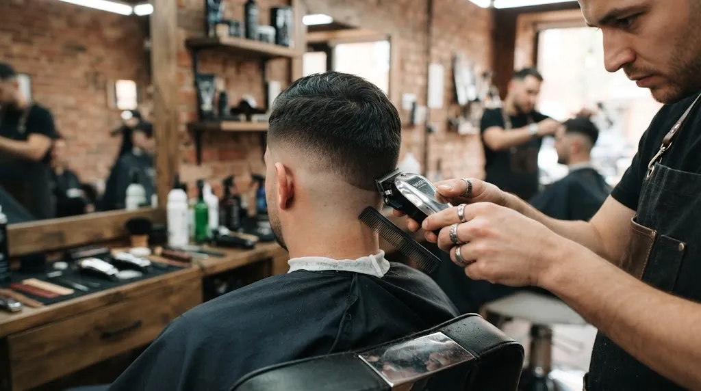 Professional barber in a modern shop evaluating a man's hairline and back haircut transition