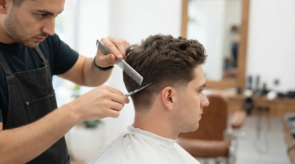A barber uses scissors and a comb to blend the hair on a man's side profile, creating a smooth, gradual slope transition.