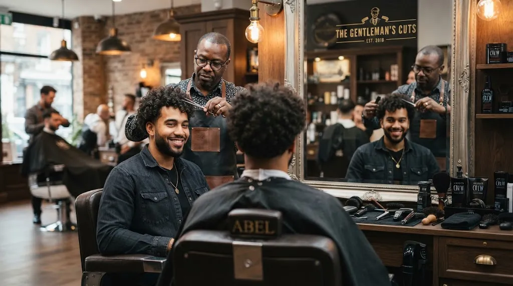 A man with well-defined curly hair getting a precise haircut from a professional barber in a modern salon to fix bad curly cuts