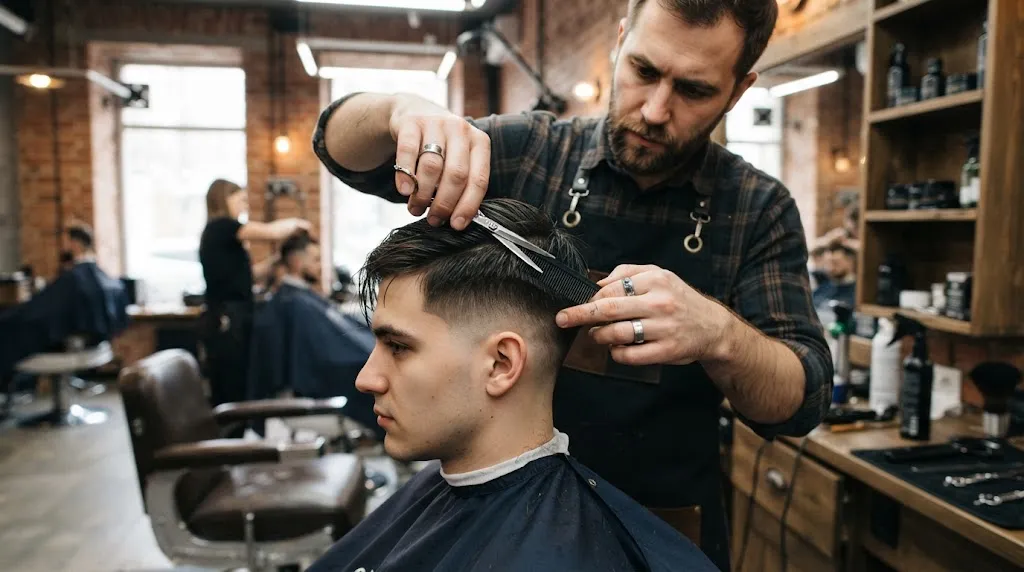 A professional barber cutting a man's hair to demonstrate the normal slope cutting technique with scissors and comb in a modern barbershop.
