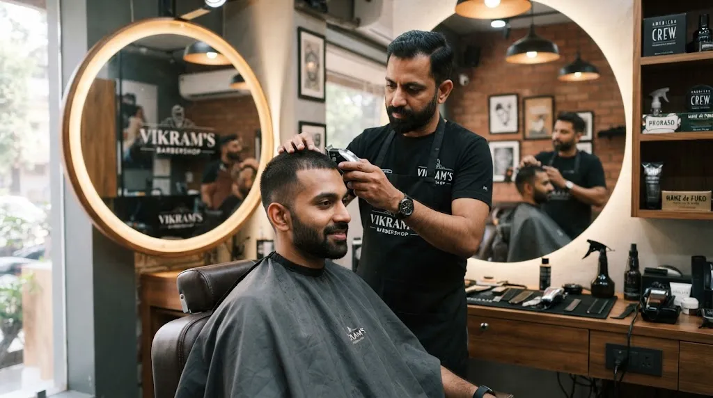 Skilled barber using clippers to give an Indian man a clean buzz cut with a well-maintained beard in a modern barbershop