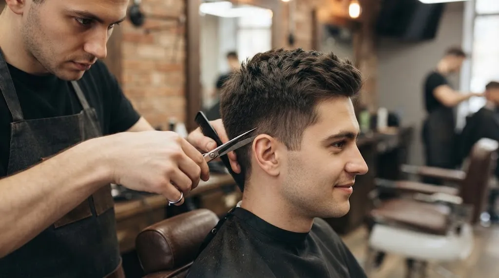 A barber using shears and a comb to carefully trim and thin the hair on the side of a man's head to reduce bulk in a barbershop setting.