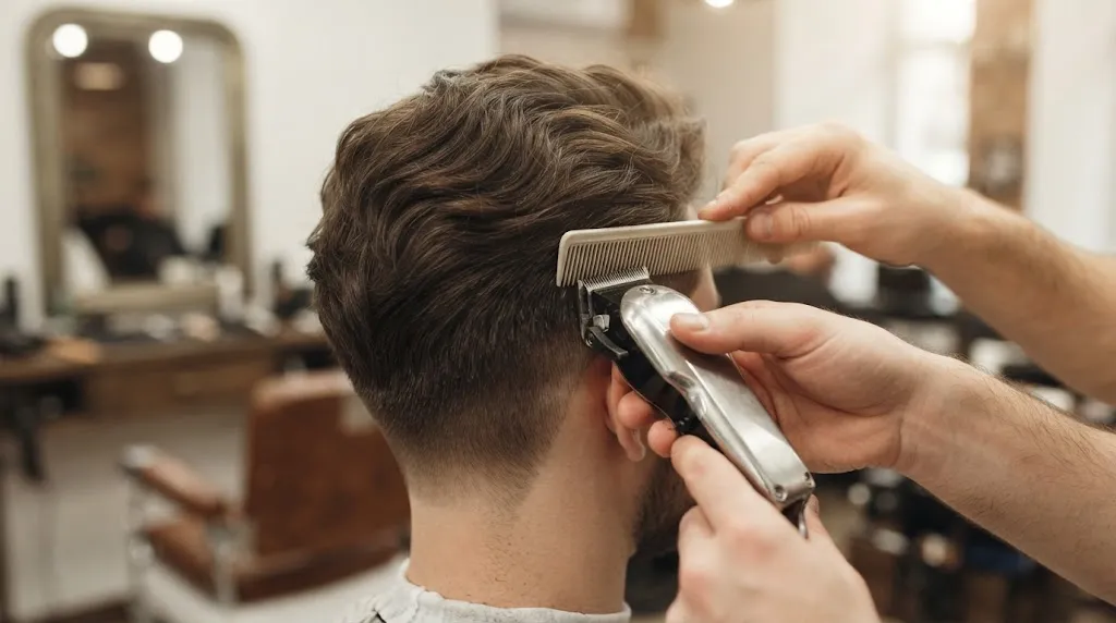 Close-up of a barber's hands using clippers and a comb to trim the side of a man's hair, establishing the length for a slope haircut.
