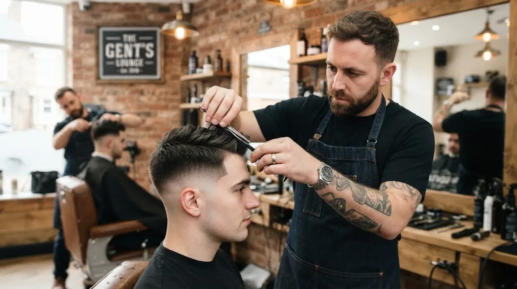 Professional barber carefully cutting and shaping a clean normal slope haircut with gradual transition on the sides and back in a modern barbershop