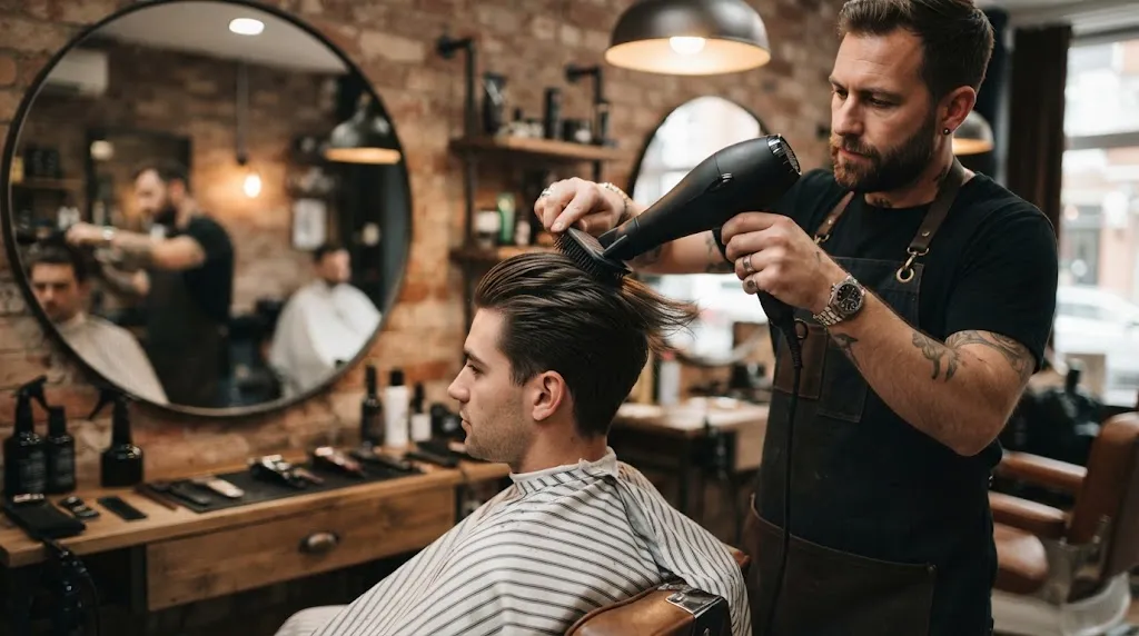 A professional barber blow-drying a man's hair backwards to create a perfect slicked-back hairstyle in a salon.