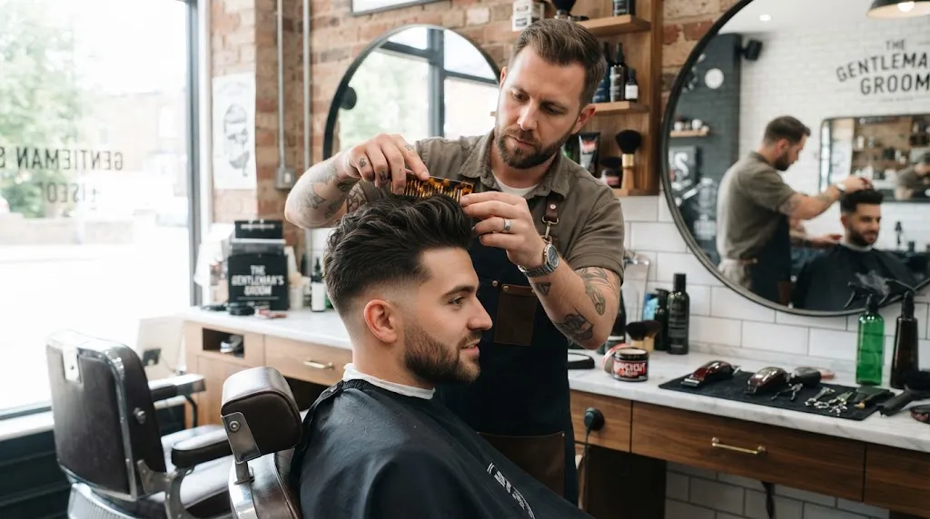 A professional barber styling a man's hair with a comb and product in a modern barbershop for a normal slope haircut finish.