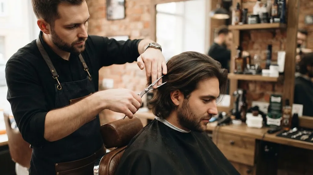 A professional barber giving a precision trim to a man's medium-length hair to maintain healthy ends in a modern salon.