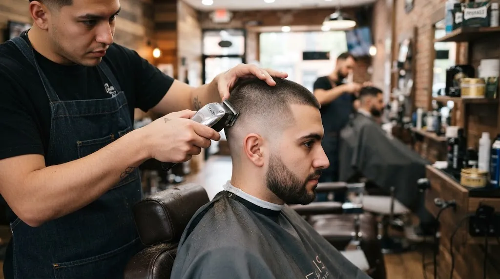 A professional barber using hair clippers to trim and maintain a clean buzz cut in a modern barbershop