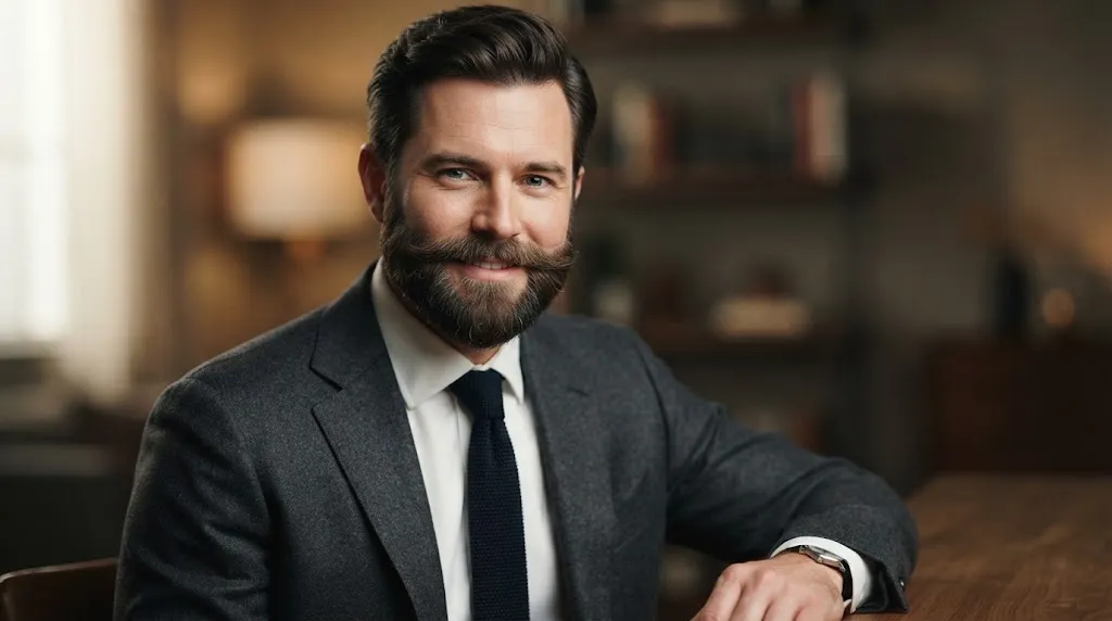 A handsome man with a neatly trimmed, wide-cheek full beard designed to create facial balance for an oblong face shape.
