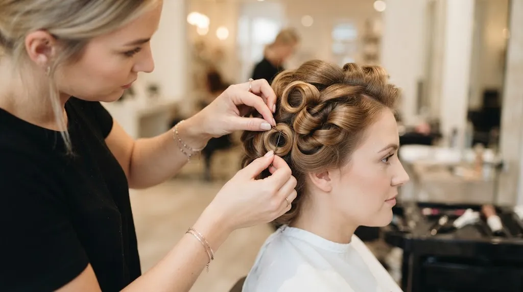 A hairstylist pinning a perfect bouncy curl to a client's hair to set the style.