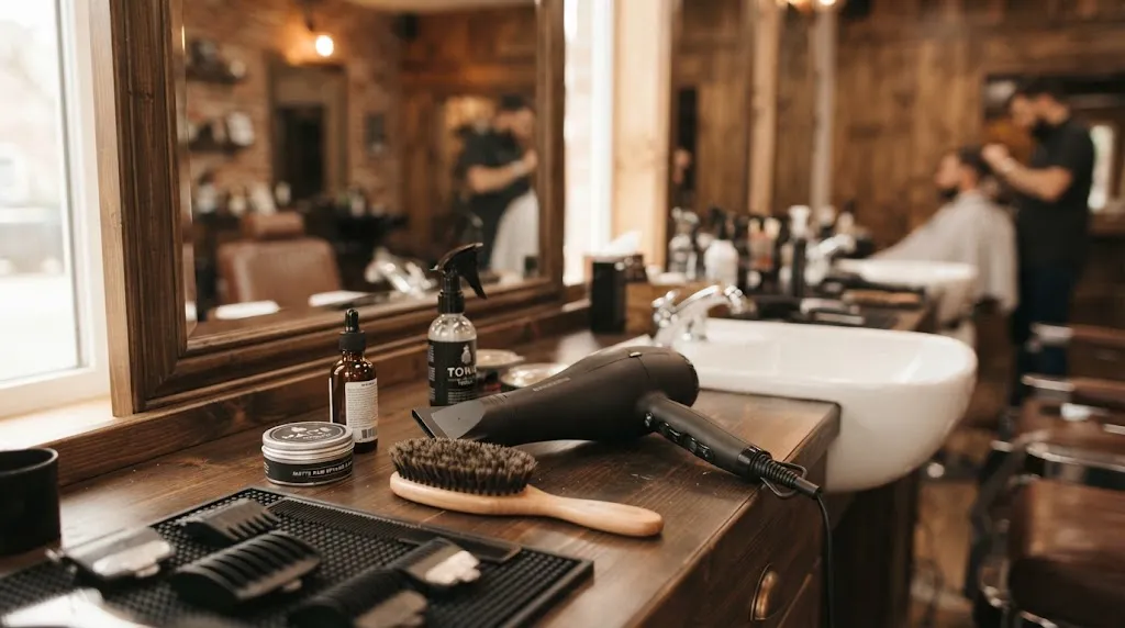 A professional barber workspace showing hair styling tools like a blow dryer with concentrator and grooming products for hair prep