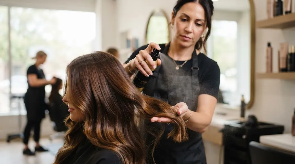A professional hair stylist applying heat protectant spray to healthy, shiny hair to prevent damage.