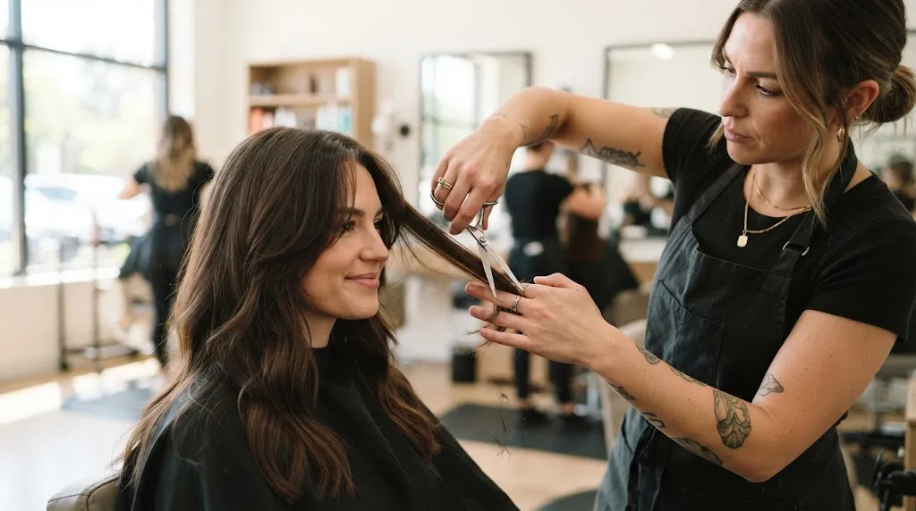 A professional hairstylist carefully cutting long hair with shears in a bright modern salon, demonstrating precise face-framing layers to avoid common haircut mistakes