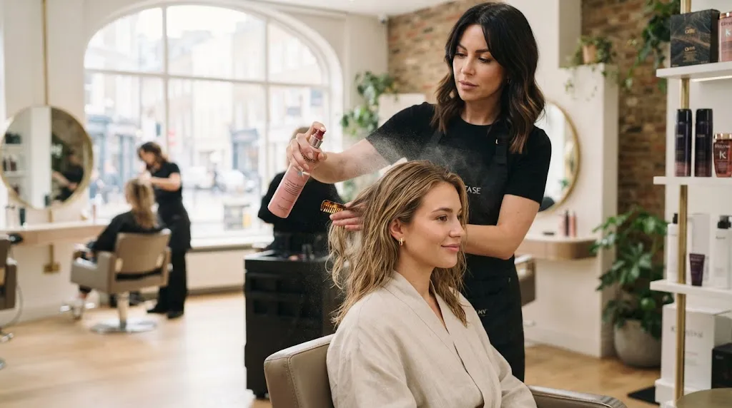 A professional hairstylist applying heat protectant spray to medium-length hair before styling in a modern salon.