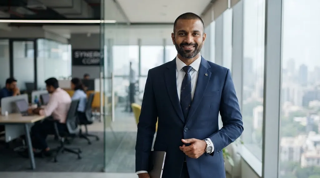 A professional Indian man with a clean #2 buzz cut and short boxed beard wearing a suit in an office