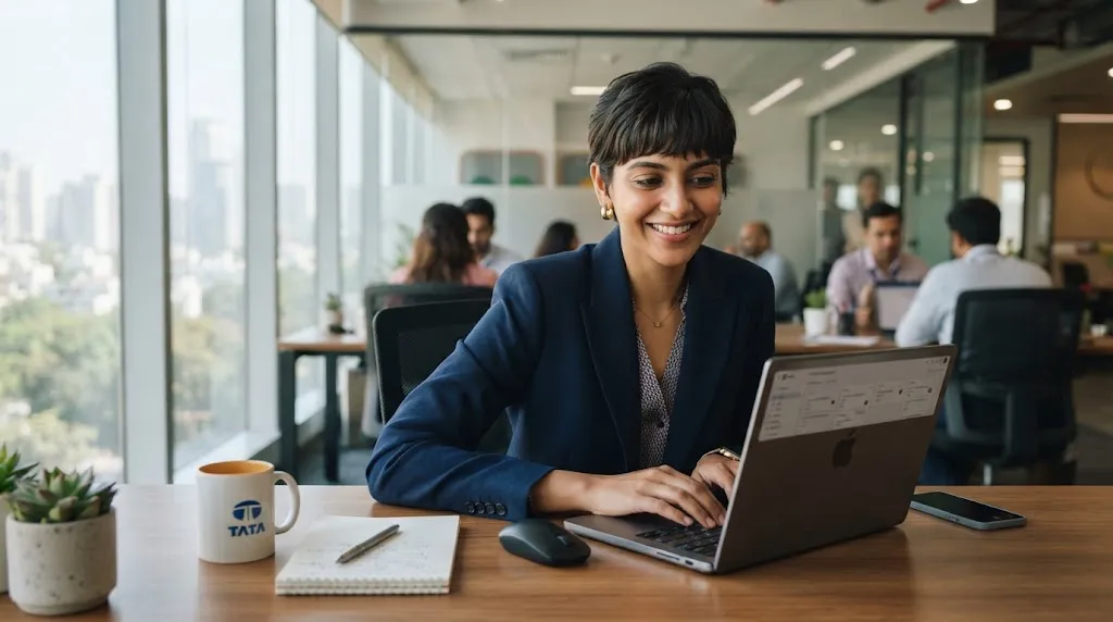 A professional Indian woman showcasing a stylish front hair cut and curtain bangs suitable for daily office wear
