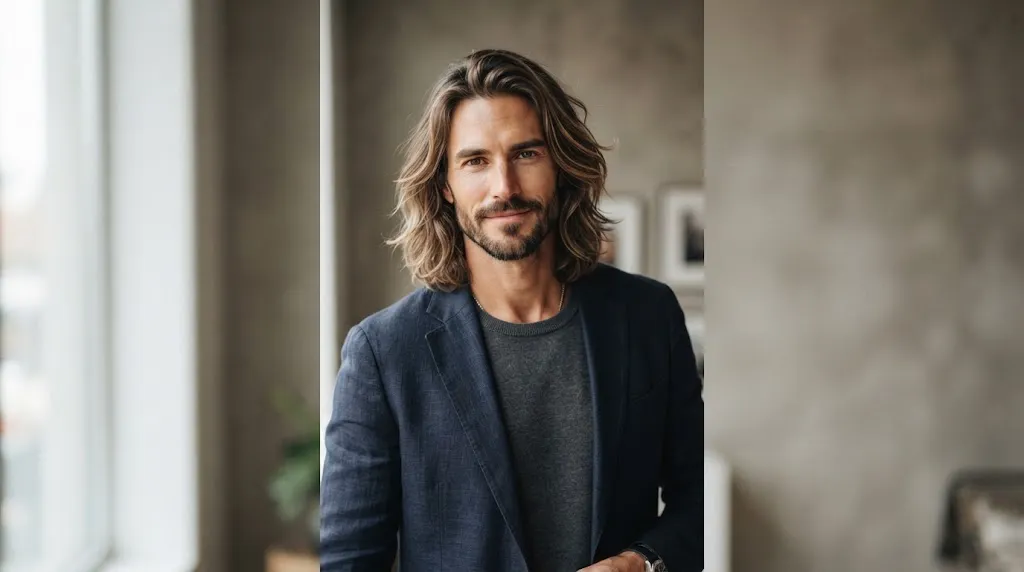 A man with a long face shape sporting a trendy shoulder-length layered hairstyle that adds width and balance.