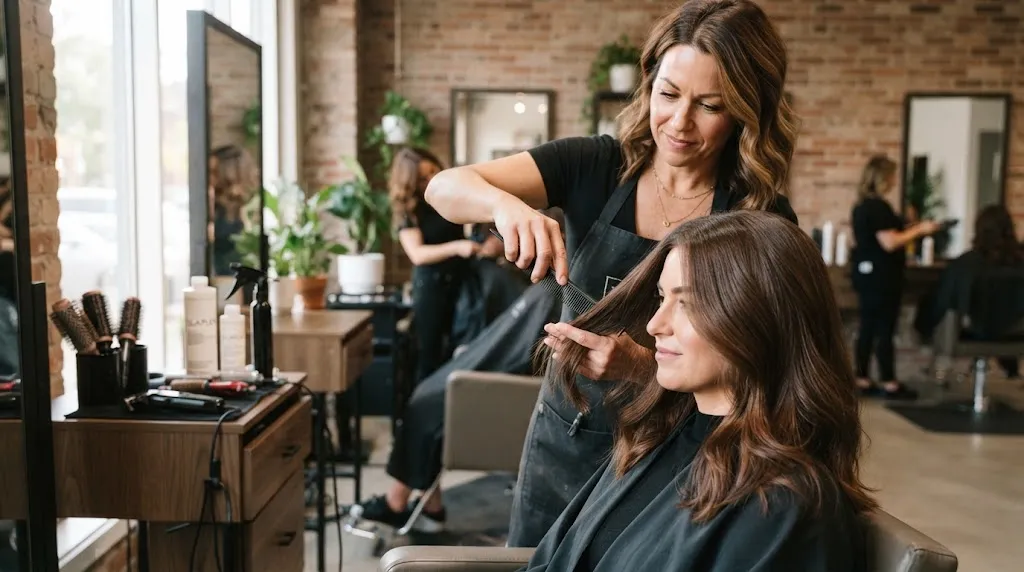 A hairstylist applying professional care to healthy medium-length hair in a modern salon for hair maintenance.
