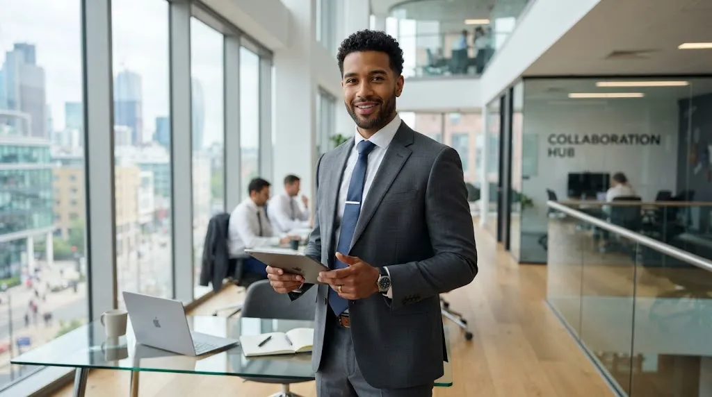 A handsome professional man with a neat tapered curly haircut wearing a modern business suit in a sleek corporate office.