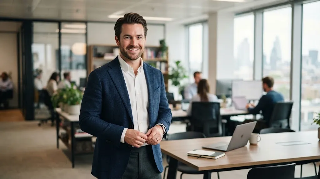 A professional man with a well-groomed medium-length hairstyle wearing a blazer in a modern office