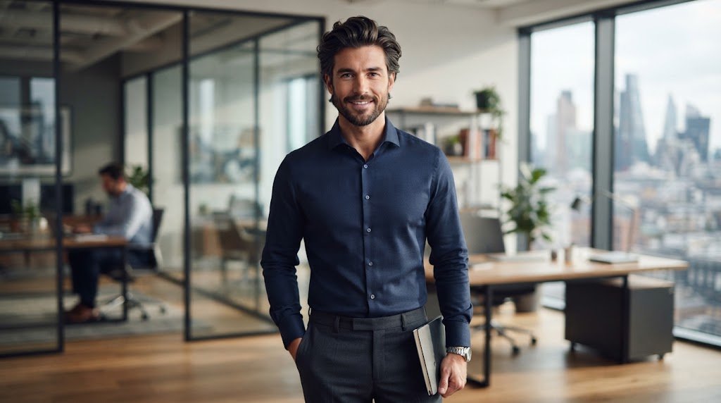 A man with a clean, professional medium-length haircut wearing business-casual attire in an office setting.
