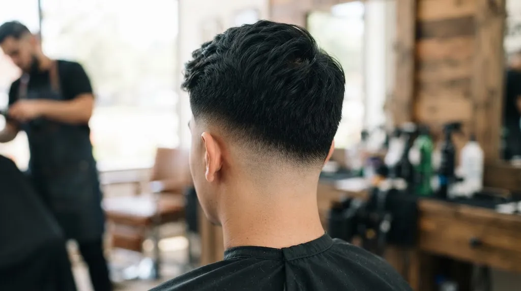 Back view of a man with a sharp, professional faded and tapered haircut showing a precise transition at the nape.