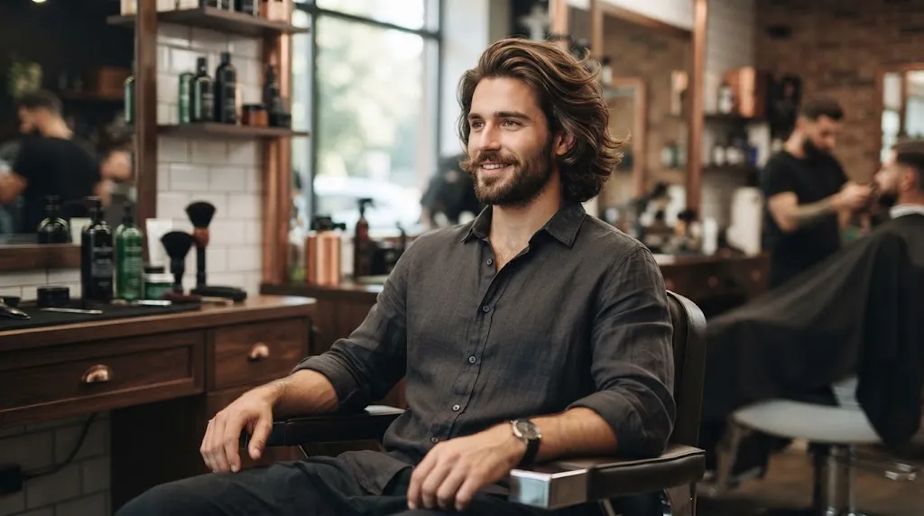 A well-groomed man with stylish, healthy medium-length hair in a professional barbershop setting representing hair maintenance tips.