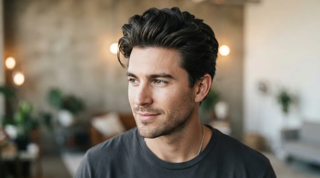 A man with a modern pushback hairstyle showing natural movement and root lift, styled for a relaxed, casual look.