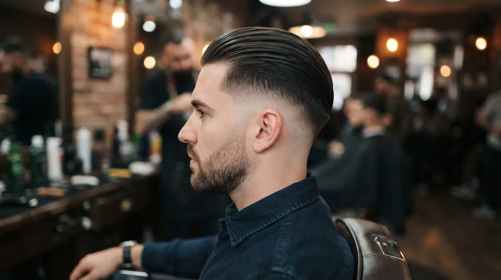 A close-up side view of a man with a clean slick back taper haircut and professional fade