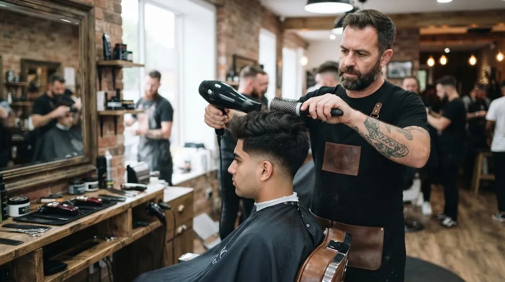 A man with thick, high-density hair receiving a professional normal slope haircut with textured top in a modern barbershop.