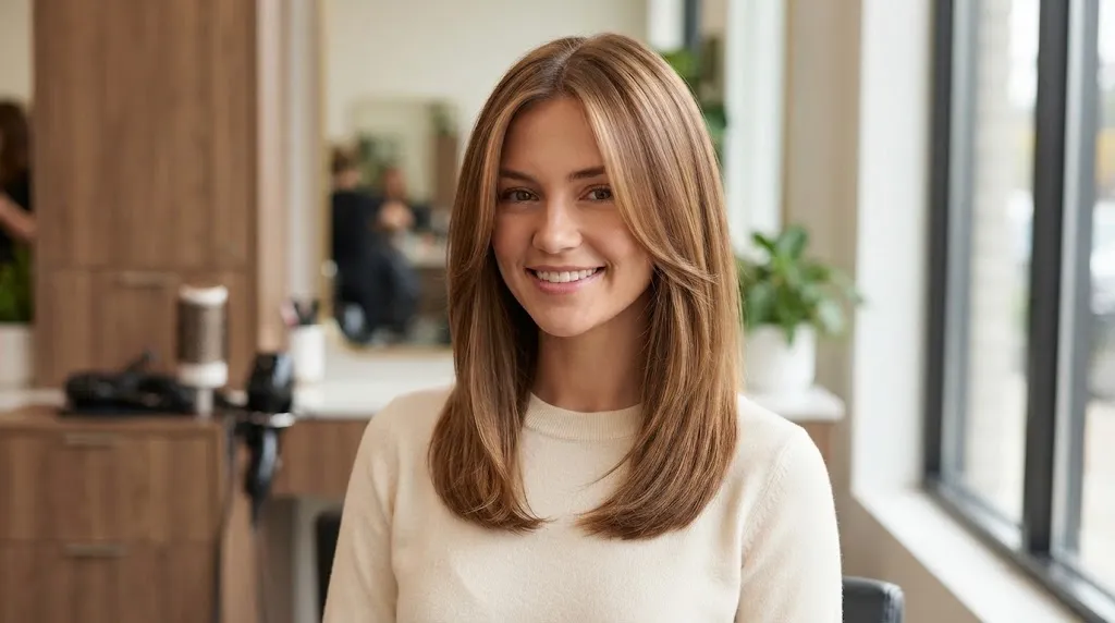 A woman with a long, collarbone-grazing lob haircut and long, seamless layers designed to elongate a round face.