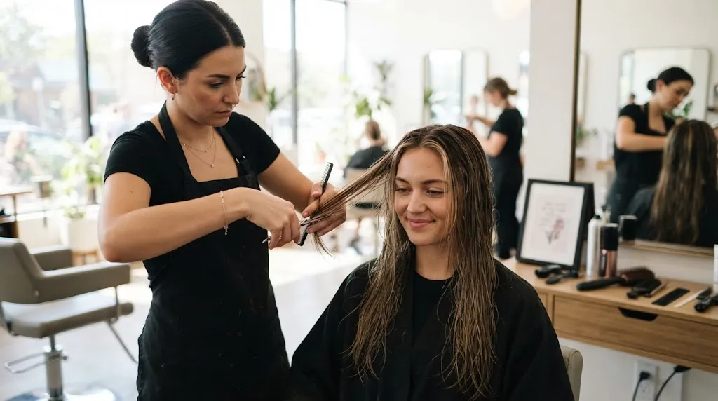 A professional hairstylist carefully cutting precision front layers for long Indian hair in a modern salon to prevent styling mistakes.