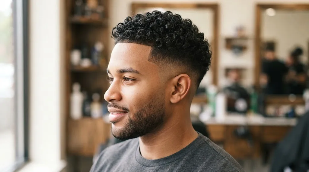 A man with a stylish short curly fade haircut featuring defined curls on top and a clean skin fade on the sides.