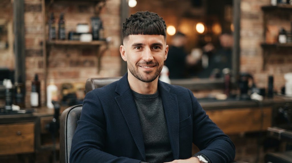 A man with a long face shape wearing a short textured French crop haircut with low-tapered sides to create horizontal balance.