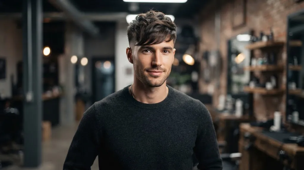 A man with an oblong face shape sporting a short, textured haircut with side-swept fringe and low taper fade for balanced proportions.