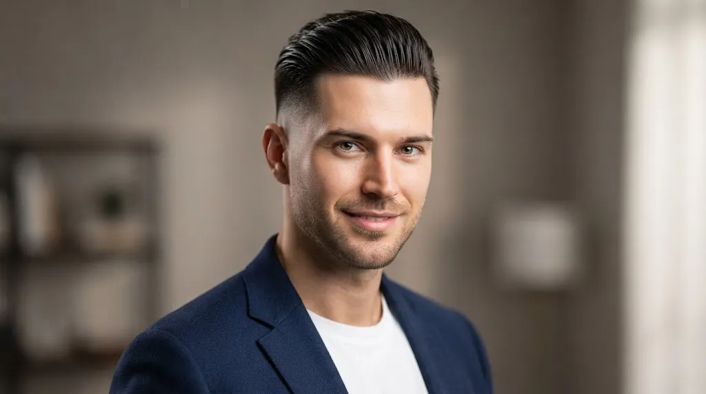 A close-up view of a stylish man with a professional slick back fade haircut and a clean skin fade transition.