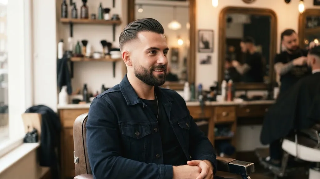 A man with a sharp, modern slick back haircut and clean skin fade, professionally styled for a high-shine look.