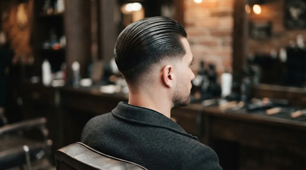 A stylish man with a professional slick back haircut showing clean taper and groomed hair structure for men