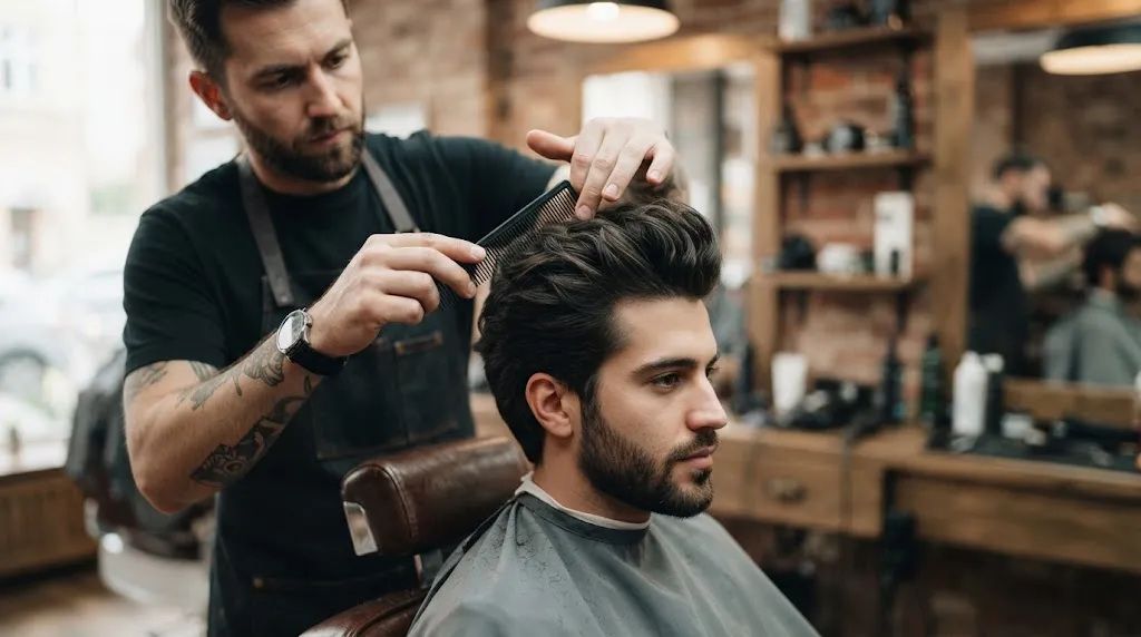 A professional barber using a comb to style thick, dark Indian hair into a modern swept-back hairstyle in a clean studio.