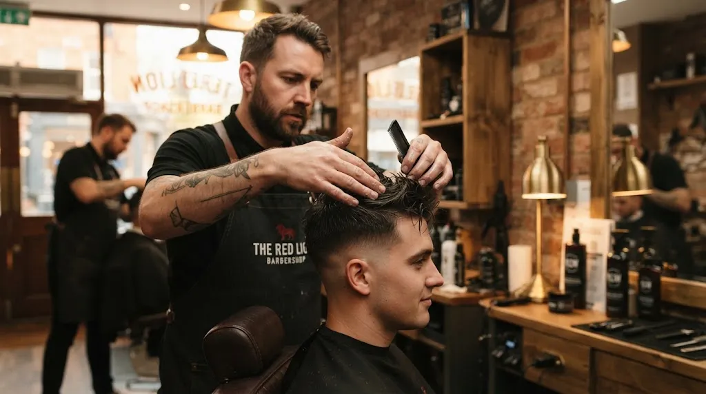 Professional barber styling short hair, demonstrating the correct palm emulsification and root-to-tip application technique for long-lasting hold.