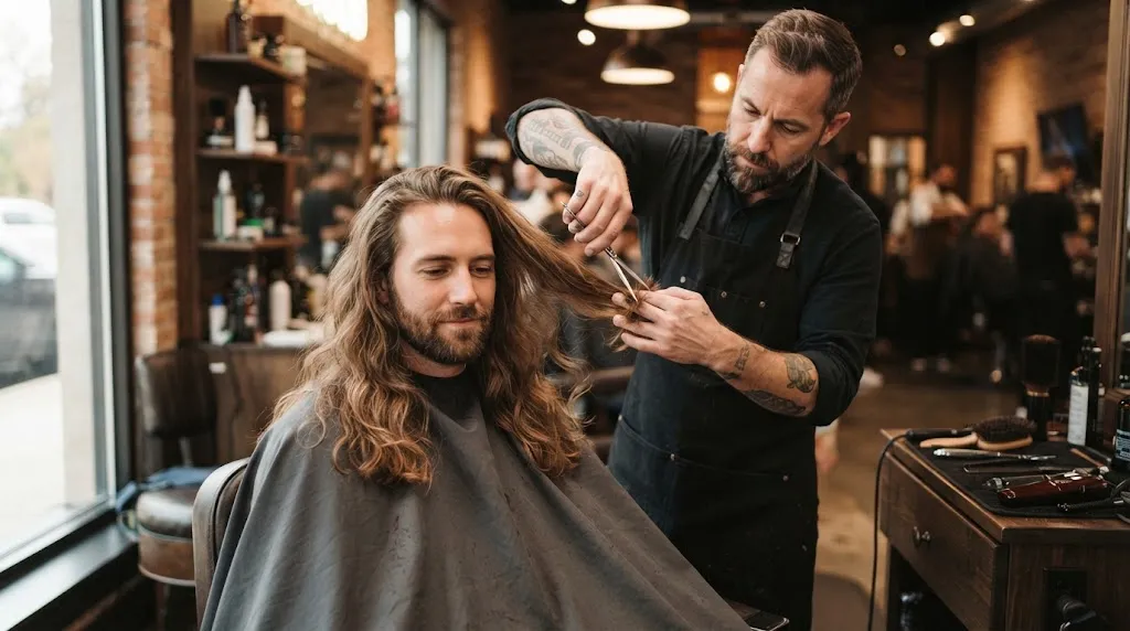 A professional barber giving a maintenance trim to a man with long, healthy wavy hair in a modern salon.