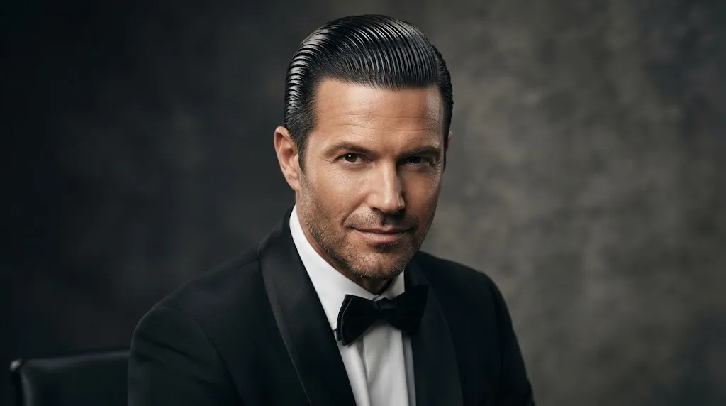 A man with a high-shine, sleek wet look back hairstyle featuring precise comb tracks and a polished, formal appearance.