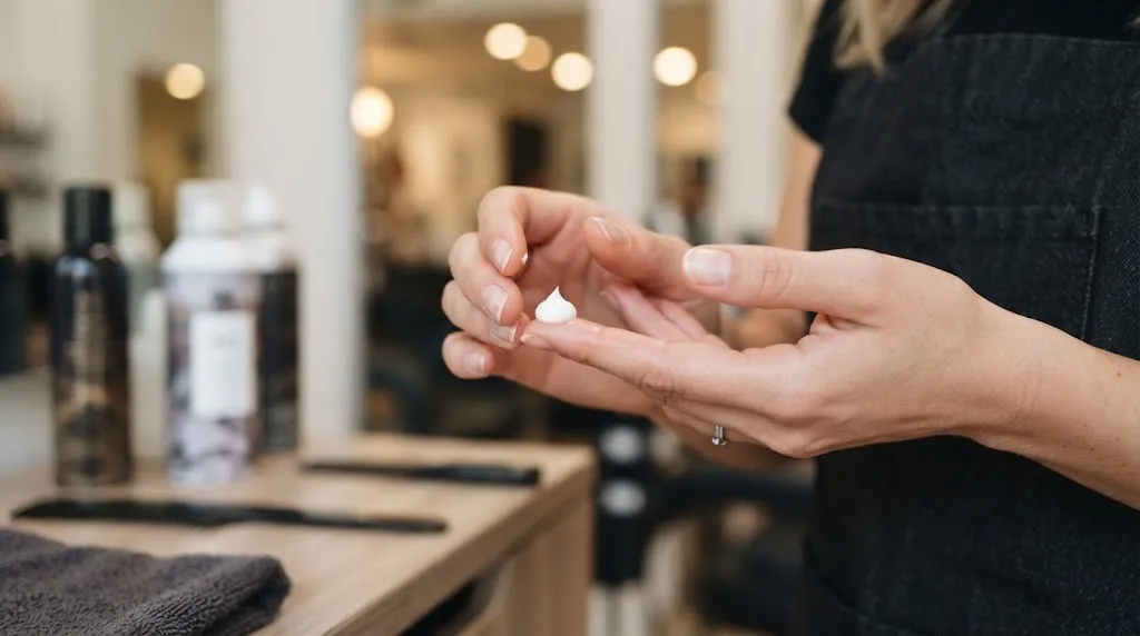 A stylist showing the correct amount of styling cream on fingertips for hair setting